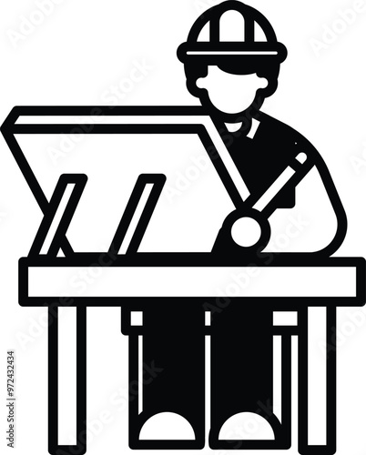 Illustration of an architect with a drafting table in line style.