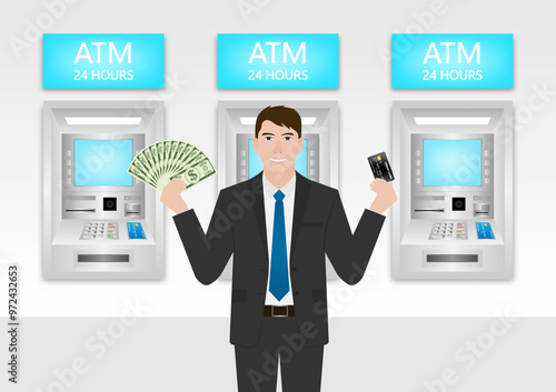 Businessman Using Credit Card to Withdraw Money from ATM. Vector Illustration.