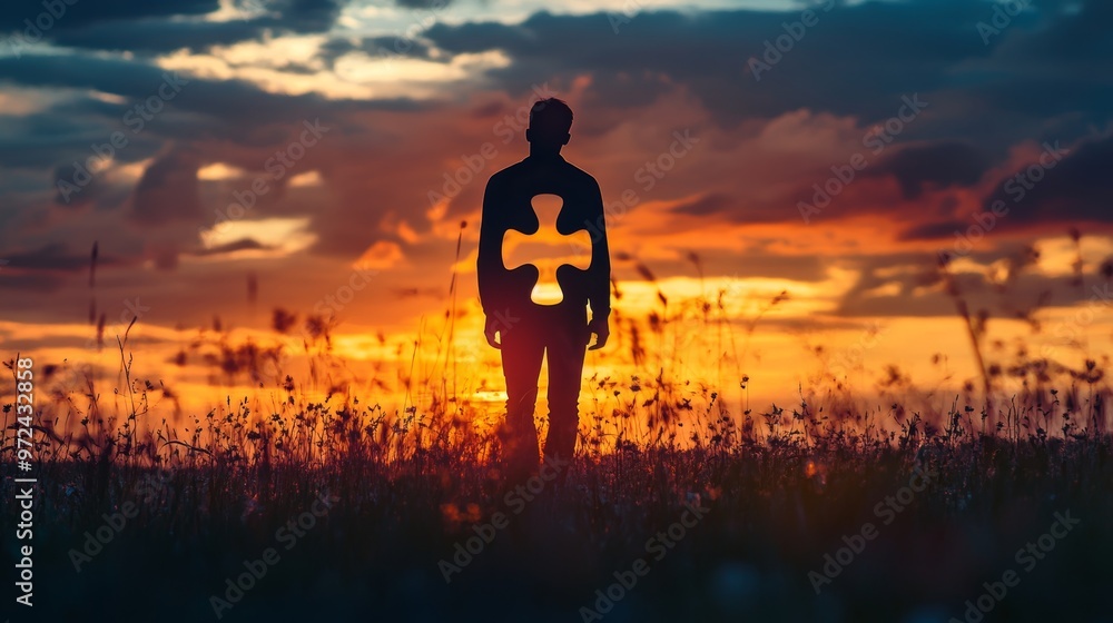 Silhouette of a man representing the journey of trauma healing with puzzle pieces reassembling Silhouette of a man representing the journey of trauma healing with puzzle pieces reassembling