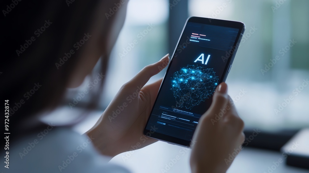 Close-up of a person using a smartphone with AI technology on the screen, showcasing advancements in artificial intelligence and mobile devices. Close-up of a person using a smartphone with AI technology on the screen, showcasing advancements in artificial intelligence and mobile devices.