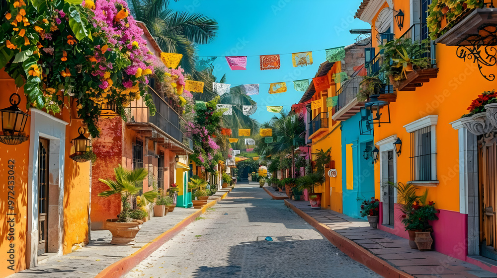 Fototapeta premium Colorful Street with Hanging Flags and Palm Trees - Realistic Image