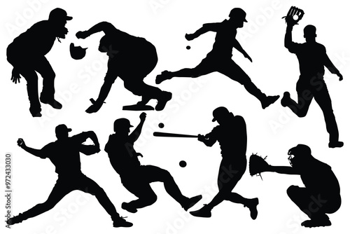 Premium baseball players Vector silhouettes. Baseball batter running up after hit. Softball fielder throwing ball. Different baseball male player positions. Batter, awaiting a pitch, with the catcher.