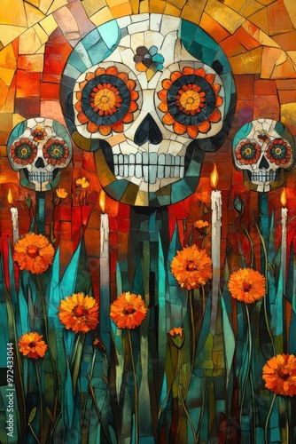 Vibrant day of the dead mosaic with skulls and marigolds, glowing candles in foreground