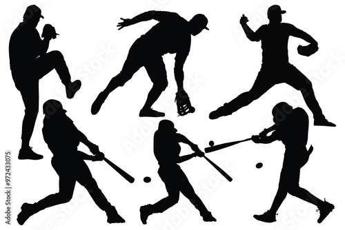 Premium baseball players Vector silhouettes. Softball fielder throwing ball. Different baseball male player positions. Baseball bowler silhouette. Softball championships isolated vector illustration