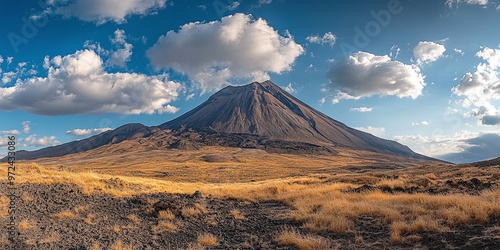 Panorama of Gorely volcano with cloudy sky