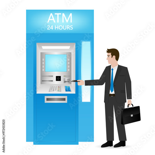 Businessman Using Credit Card to Withdraw Money from ATM. Vector Illustration.