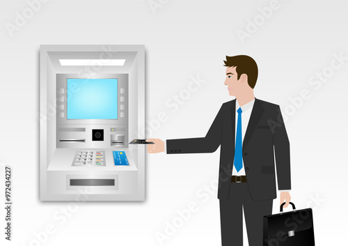 Businessman Using Credit Card to Withdraw Money from ATM. Vector Illustration.