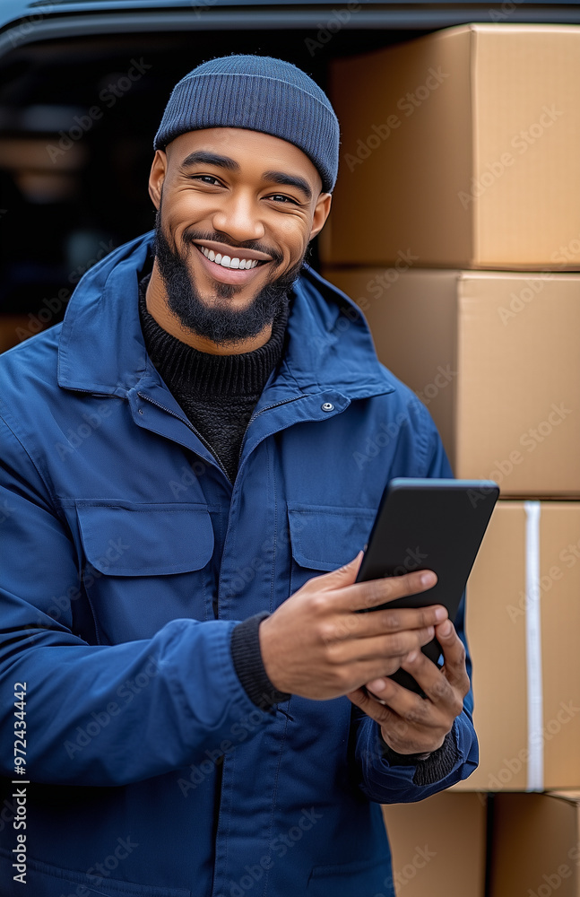 a French black young man delivery man in a blue uniform unloading boxes from the back of a van a French black young man delivery man in a blue uniform unloading boxes from the back of a van