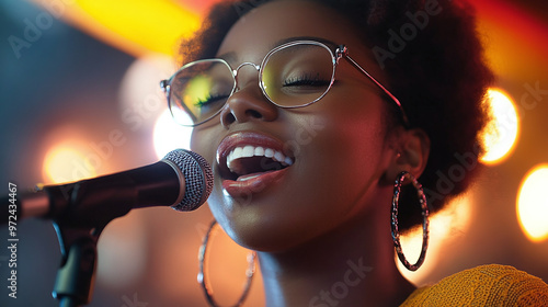 Medium close-up of a young black woman wearing stylish accessories singing a jazz song during a live performance