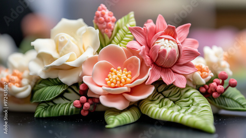 A floral composition made from cream and sugar paste, consisting of various colorful flowers and leaves. The composition looks elegant and skillfully crafted