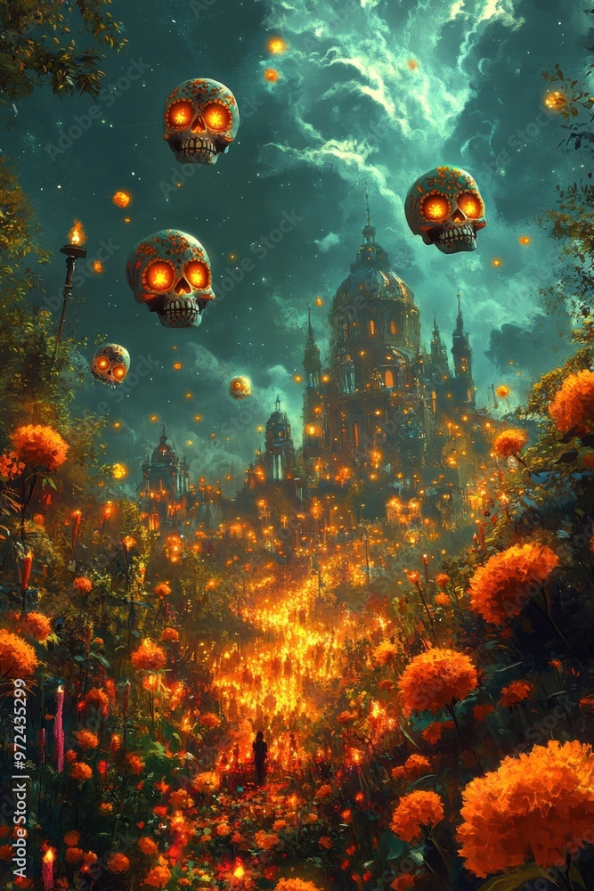 Glowing skull lanterns in mystical landscape with ornate architecture and vibrant marigold flowers