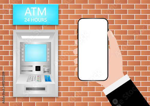 Businessman Using Smartphone to Withdraw Money from ATM. Vector Illustration.