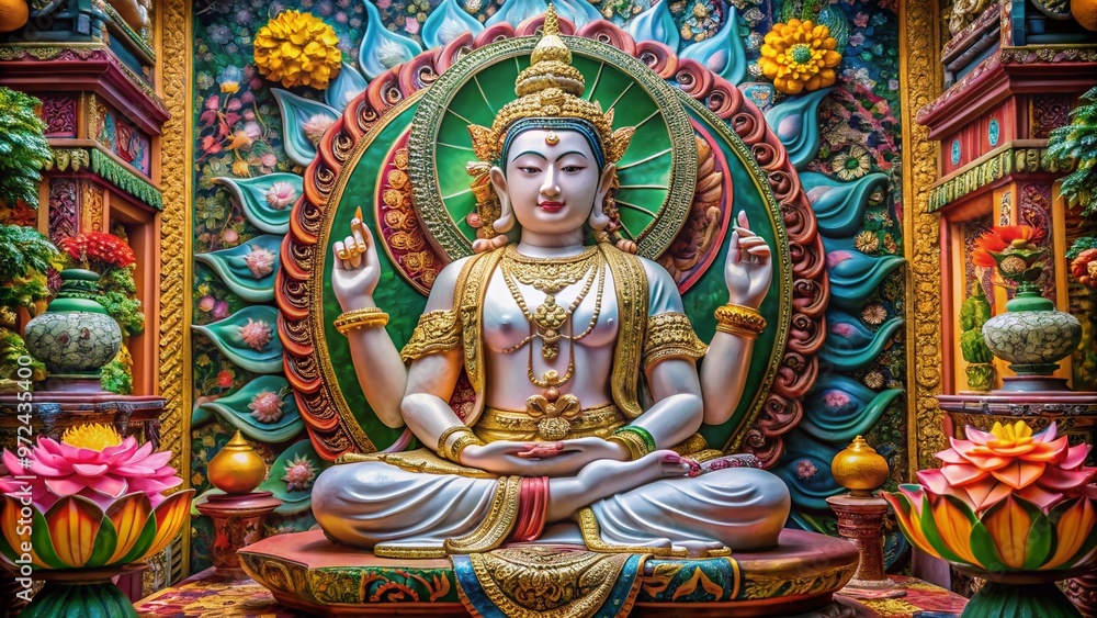 A serene and majestic depiction of a revered deity sitting cross-legged on a lotus flower, surrounded by intricate A serene and majestic depiction of a revered deity sitting cross-legged on a lotus flower, surrounded by intricate