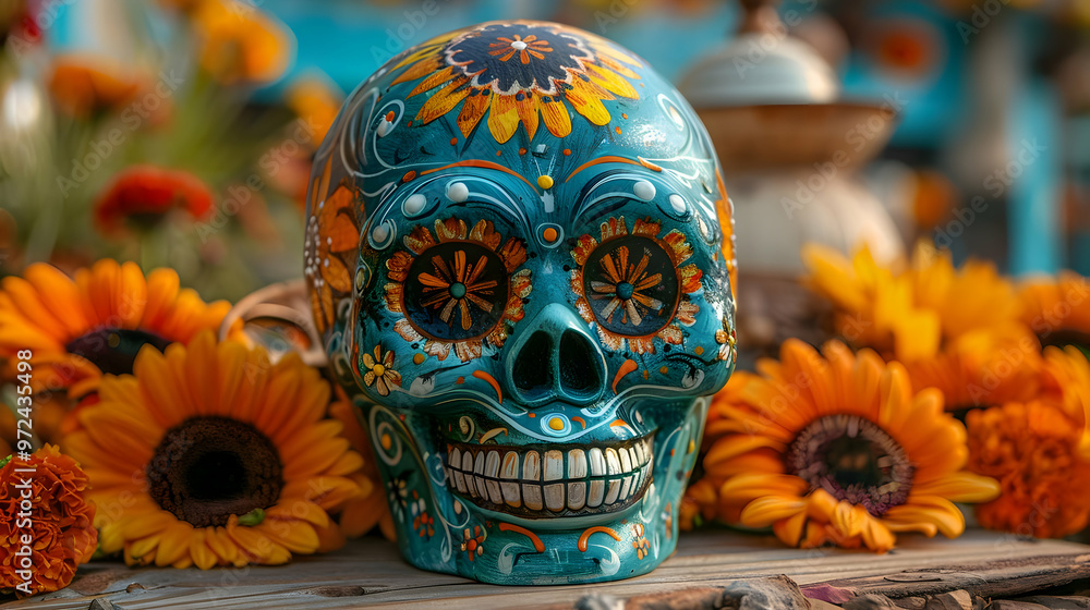 Teal Skull with Floral Decoration Illustration Teal Skull with Floral Decoration Illustration