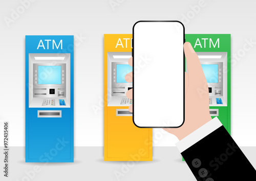 Businessman Using Smartphone to Withdraw Money from ATM. Vector Illustration.