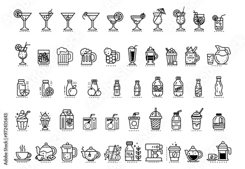 Various beverage icons including cocktails, juices, and hot drinks outlined in black on a white background. Concept of drinks and refreshments. Vector illustration