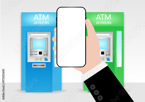 Businessman Using Smartphone to Withdraw Money from ATM. Vector Illustration.