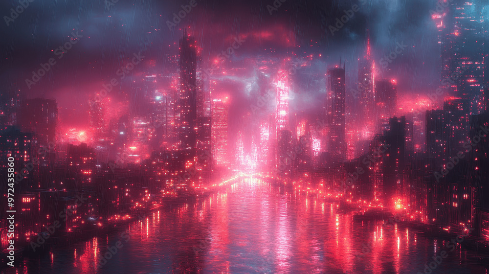 Obraz premium A vibrant city skyline illuminated by red and blue lights reflecting on the river during a nighttime event in an urban landscape
