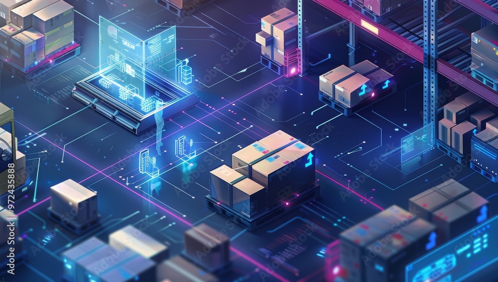 Digital warehouse with an augmented reality (AR) interface, showcasing boxes and pallets being organized by workers in the background. Digital warehouse with an augmented reality (AR) interface, showcasing boxes and pallets being organized by workers in the background.