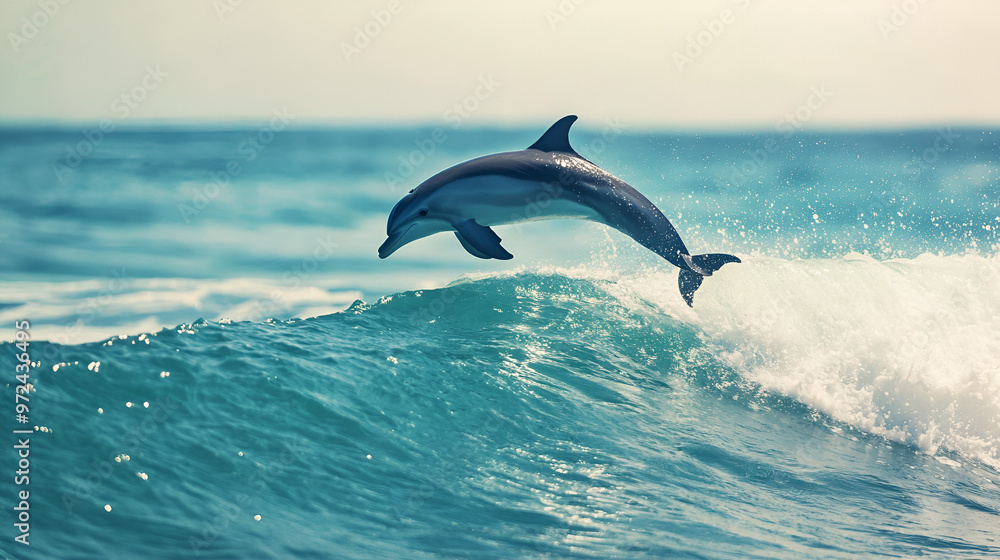 Fototapeta premium A playful dolphin leaping above crystal-clear ocea