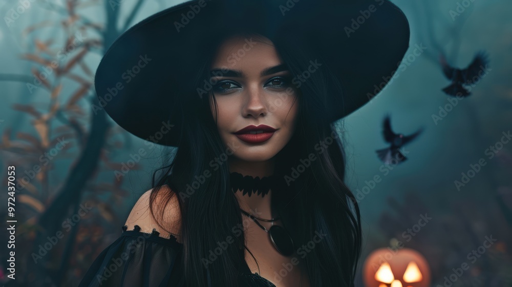 A young woman dressed as a witch in a black hat and choker stands in a misty forest. Dark birds and a glowing jack-o'-lantern create an eerie Halloween atmosphere