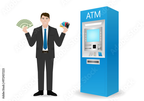 Businessman Using Credit Card to Withdraw Money from ATM. Vector Illustration.