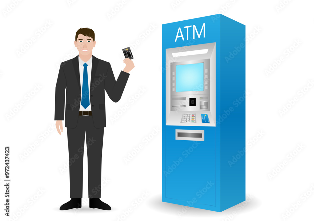 Businessman Using Credit Card to Withdraw Money from ATM. Vector Illustration. Businessman Using Credit Card to Withdraw Money from ATM. Vector Illustration.