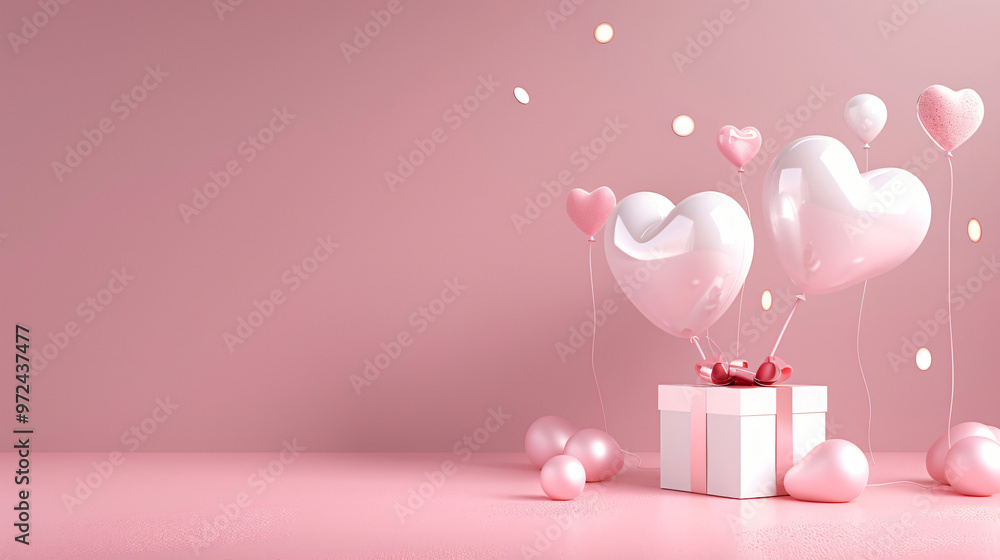 A charming composition of heart-shaped balloons in white and pink, floating above a beautifully wrapped gift box on a pastel pink surface, conveying love and celebration. A charming composition of heart-shaped balloons in white and pink, floating above a beautifully wrapped gift box on a pastel pink surface, conveying love and celebration.