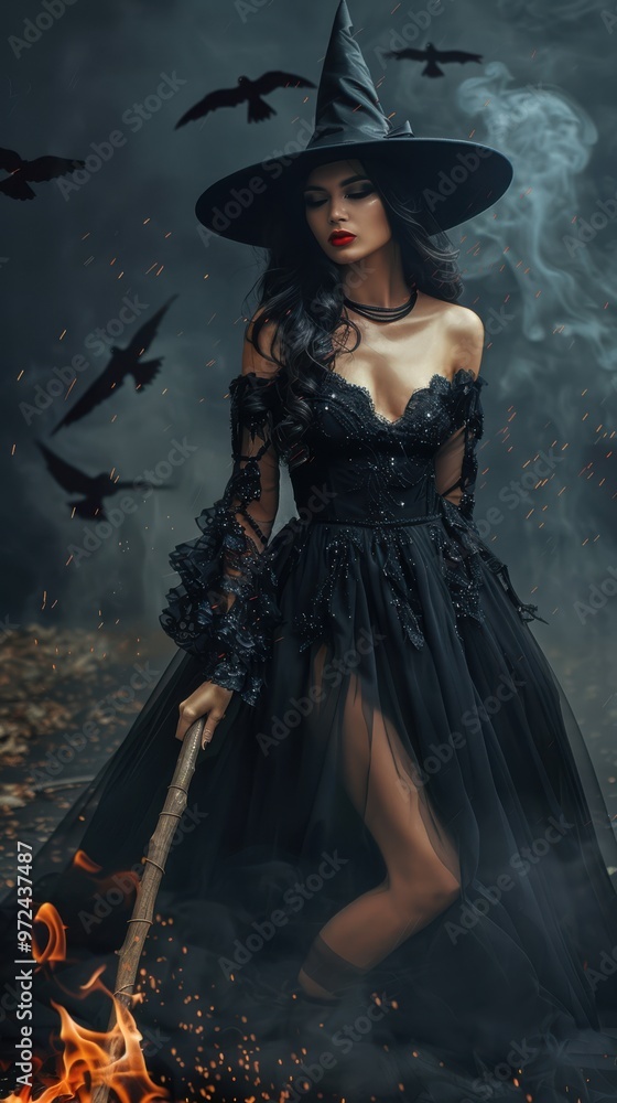 A mesmerizing witch in a flowing black gown and pointed hat holds a broomstick. Surrounded by crows, smoke, and fire, she exudes gothic elegance in this Halloween scene A mesmerizing witch in a flowing black gown and pointed hat holds a broomstick. Surrounded by crows, smoke, and fire, she exudes gothic elegance in this Halloween scene
