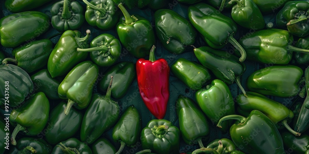 Red chili pepper distinguishing itself from green chili peppers Red chili pepper distinguishing itself from green chili peppers