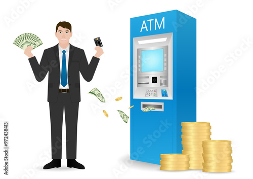 Businessman Using Credit Card to Withdraw Money from ATM. Vector Illustration.