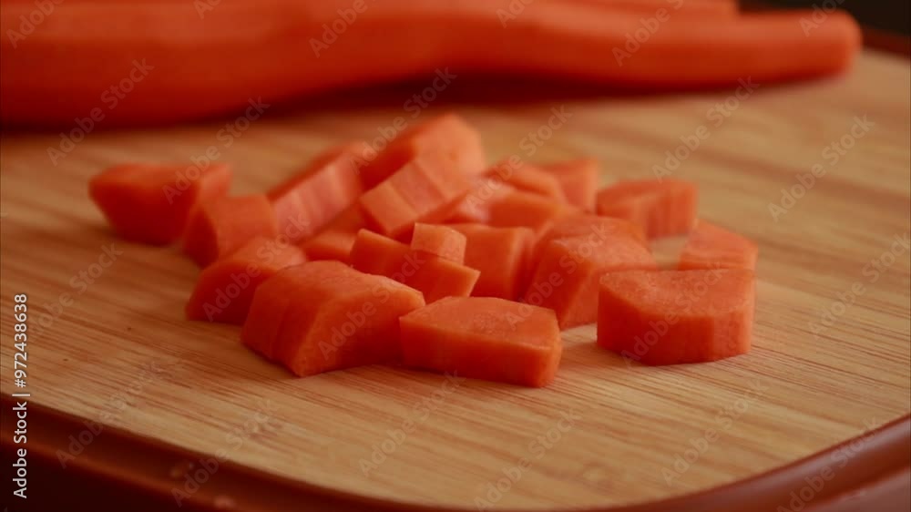 Chopped Carrots Close-Up on Wooden Board Chopped Carrots Close-Up on Wooden Board