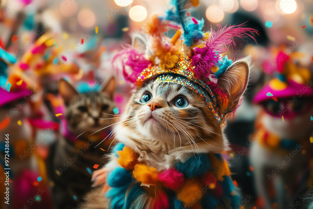 A close-up portrait of a playful cat wearing fancy dress in a Pet Carnival parade festive. Funny cat is wearing costume. A close-up portrait of a playful cat wearing fancy dress in a Pet Carnival parade festive. Funny cat is wearing costume.