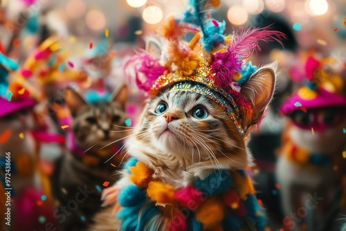 A close-up portrait of a playful cat wearing fancy dress in a Pet Carnival parade festive. Funny cat is wearing costume.