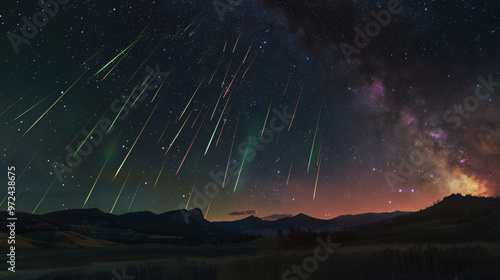 A stunning night sky filled with meteors streaking across the horizon, illuminated by a backdrop of stars and the Milky Way, showcasing the beauty of a cosmic event. photo