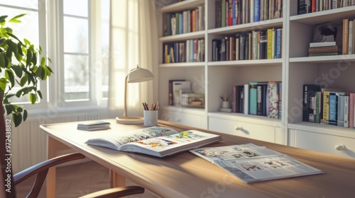 Soft-toned wooden desk and white bookshelves, with an open newspaper