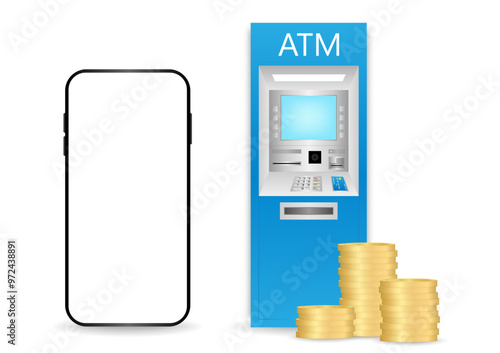 ATM Machine and Smartphone. Internet Banking and Online Payment Concept. Vector Illustration.