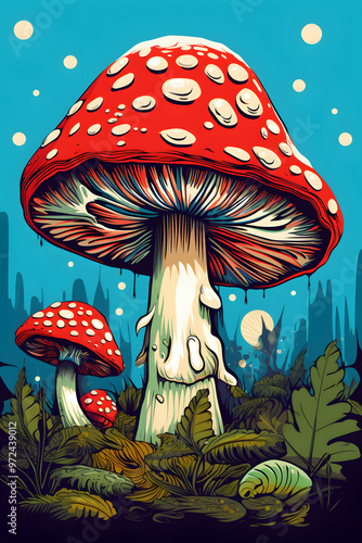 pop art style illustrated rfly agaric mushroom photo