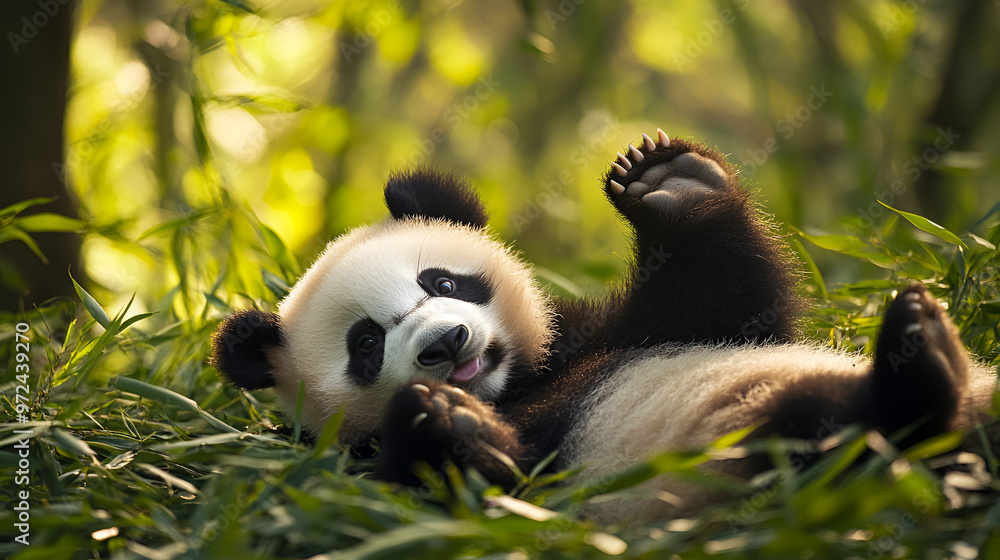 Fototapeta premium A playful panda rolling in a bamboo grove