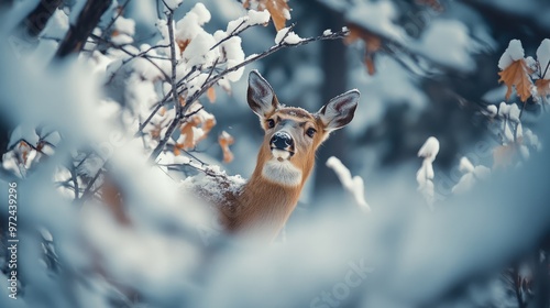 Snow Laden Branches Bending to Frame a Curious Deer Peering Upwards photo