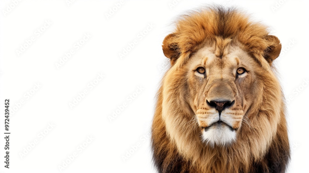 Lion on white background. Cat family. Wildlife. Predatory animal. Mammals. King of beasts Lion on white background. Cat family. Wildlife. Predatory animal. Mammals. King of beasts