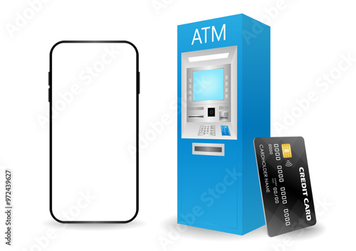 ATM Machine and Smartphone. Internet Banking and Online Payment Concept. Vector Illustration.