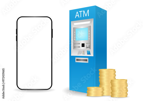 ATM Machine and Smartphone. Internet Banking and Online Payment Concept. Vector Illustration.