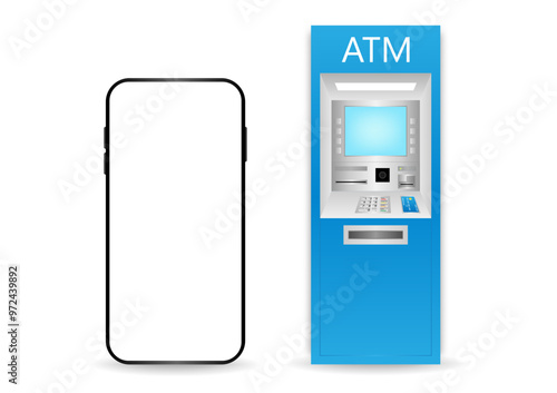 ATM Machine and Smartphone. Internet Banking and Online Payment Concept. Vector Illustration.