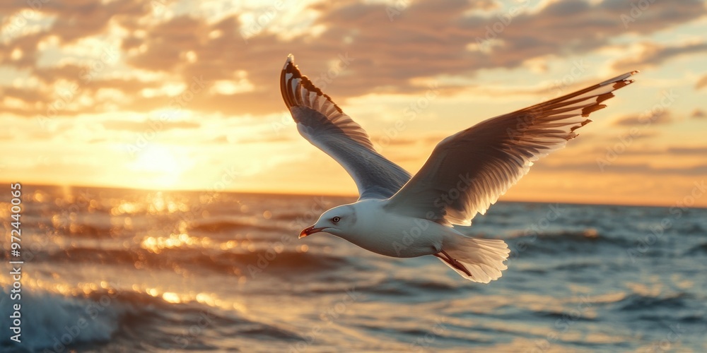 Fototapeta premium Majestic Seagull Soaring at Sunset