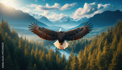 A bald eagle soaring over a dense forest, its wings fully spread against the bright blue sky, with mountains visible in the background. photo