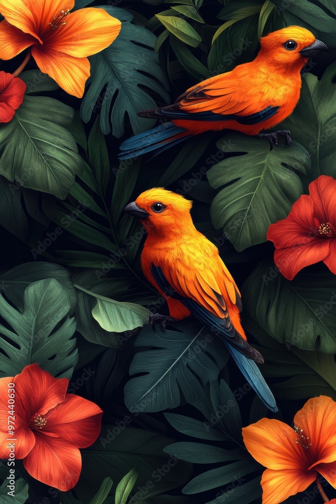 Fototapeta premium Bright orange birds among tropical leaves and vibrant red flowers