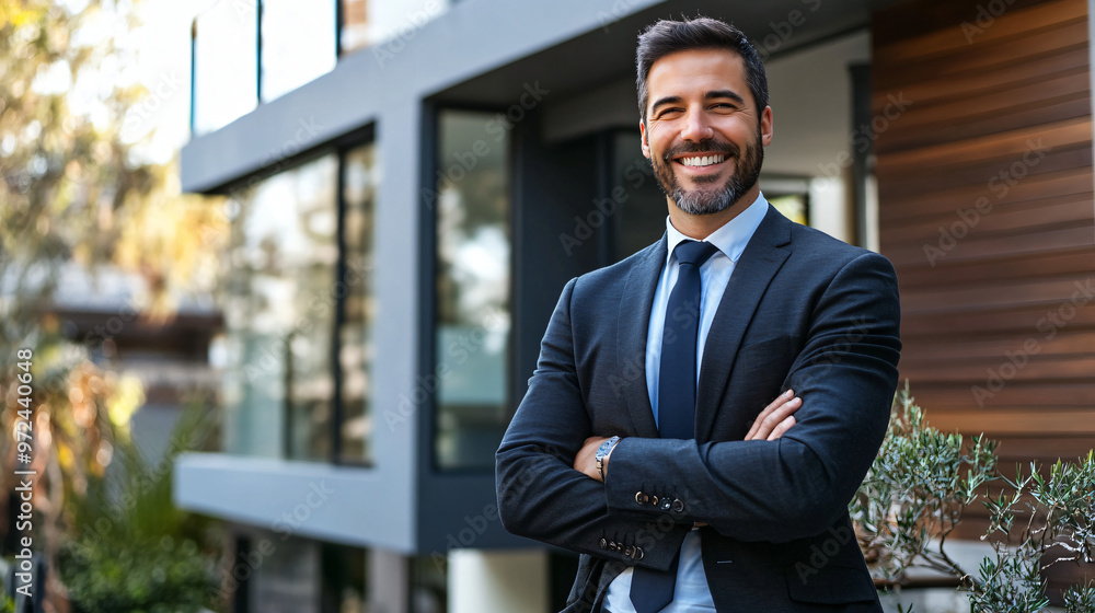 Real estate agent is smiling with arms crossed in front of a house that he is selling Real estate agent is smiling with arms crossed in front of a house that he is selling