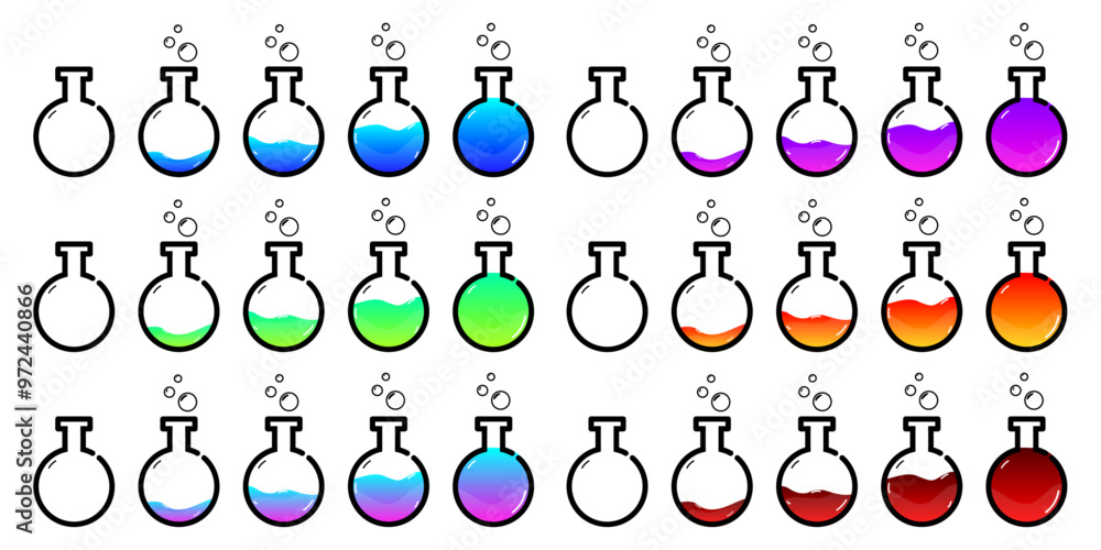 Set of glass bottles. Different colors potion flat style on white background. Vector illustration. Design elements for game collection. Set of glass bottles. Different colors potion flat style on white background. Vector illustration. Design elements for game collection.