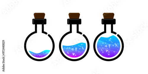 Set of glass bottles. Different colors potion flat style on white background. Vector illustration. Design elements for game collection.